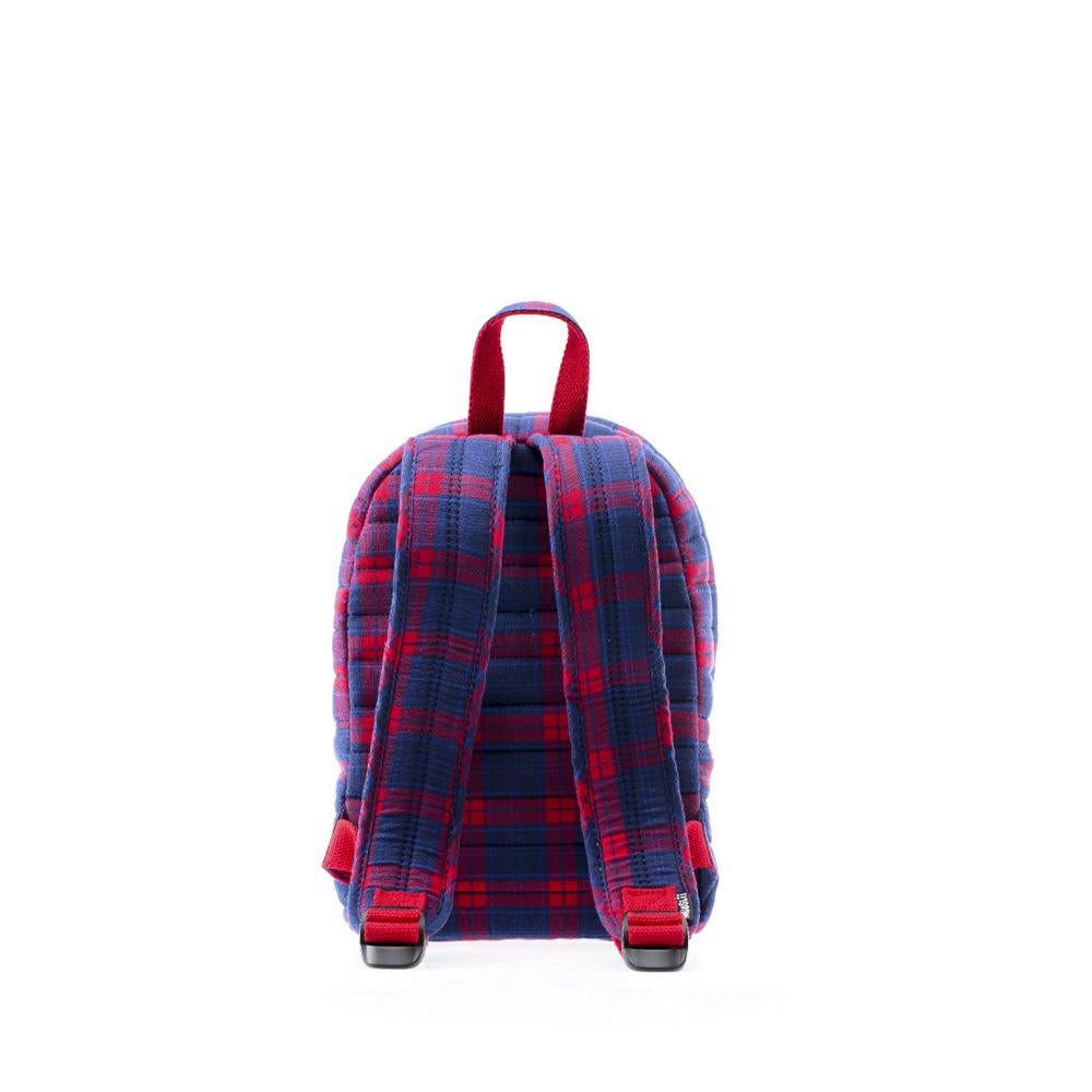 Mueslii original puffer Mini pack made of high density nylon and Ykk zips, pattern red kilt, back view.