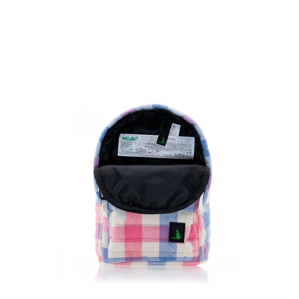 Mueslii original puffer Mini pack made of high density nylon and Ykk zips, pattern trattoria, inside view.