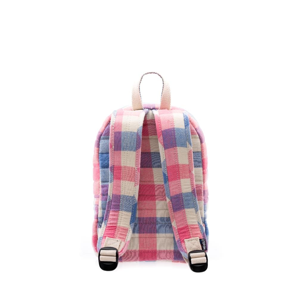 Mueslii original puffer Mini pack made of high density nylon and Ykk zips, pattern trattoria, back view.