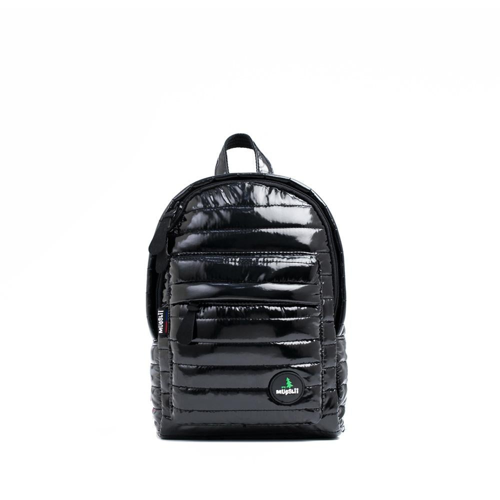 Mueslii original puffer Mini pack made of high density nylon and Ykk zips, color metal black, front view.