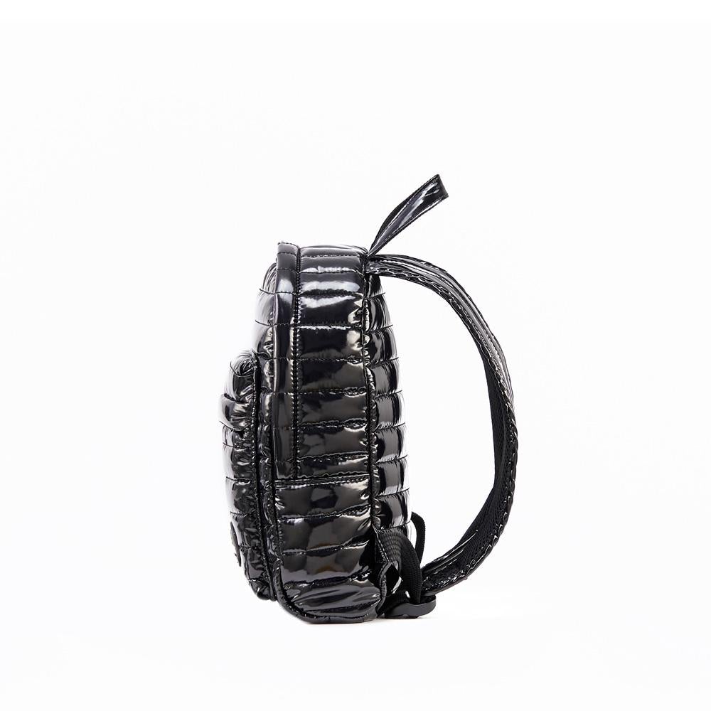 Mueslii original puffer Mini pack made of high density nylon and Ykk zips, color black metal, side view.