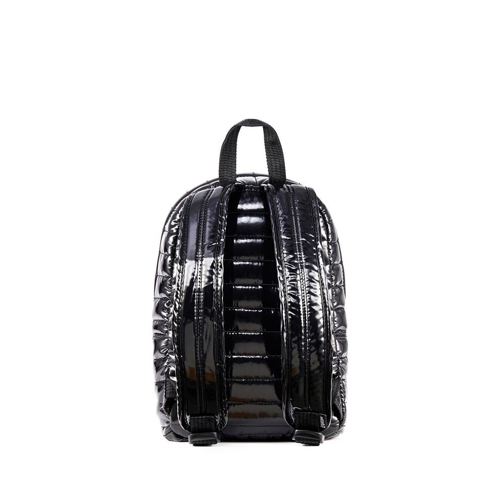 Mueslii original puffer Mini pack made of high density nylon and Ykk zips, color metal black, back view.