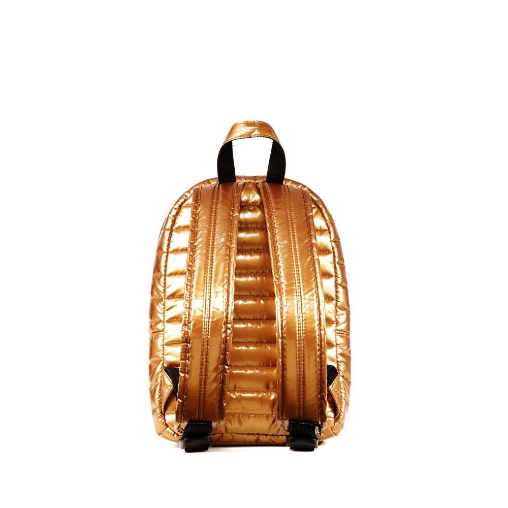 Mueslii original puffer Mini pack made of high density nylon and Ykk zips, color metal gold, back view.