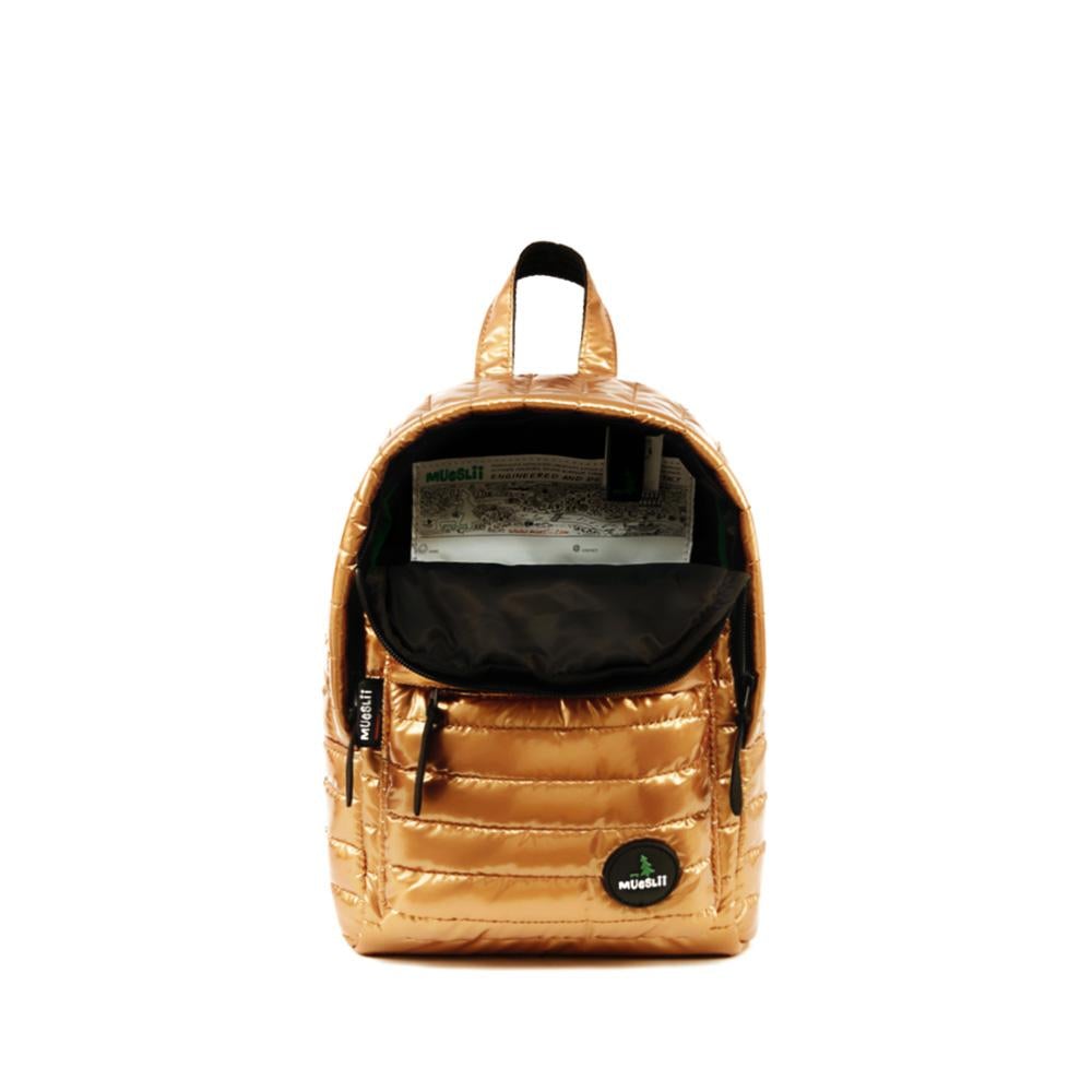 Mueslii original puffer Mini pack made of high density nylon and Ykk zips, color metal gold, inside view.