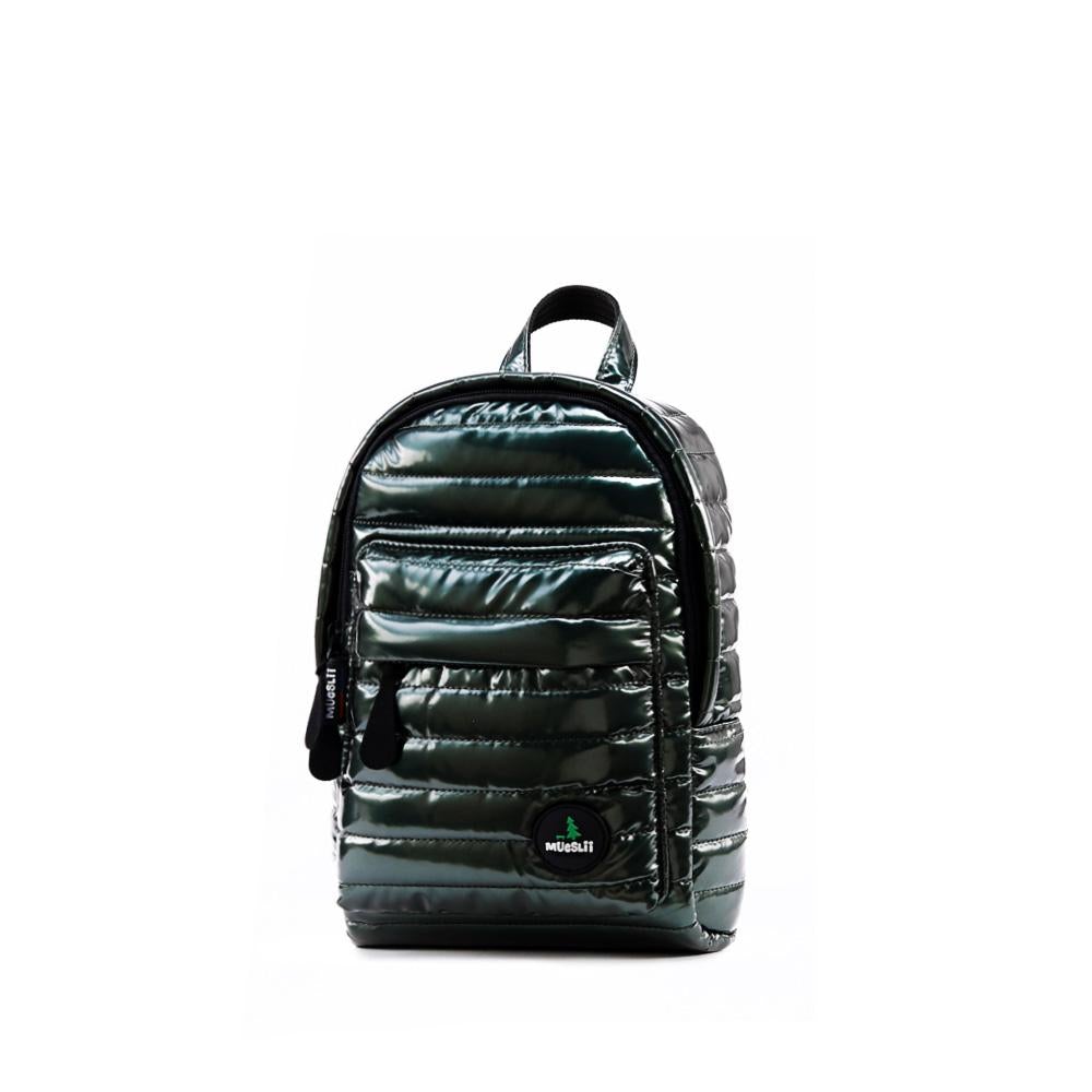 Mueslii original puffer Mini pack made of high density nylon and Ykk zips, color metal green, side view.