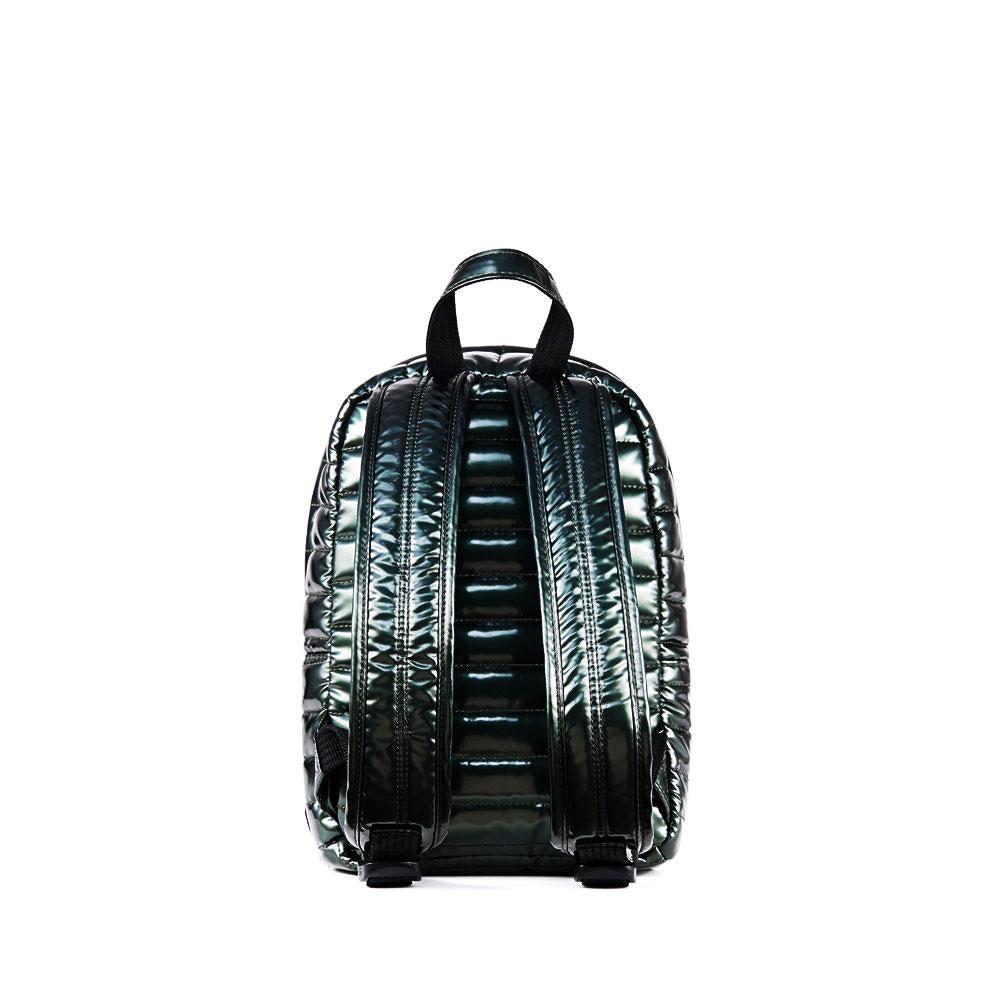 Mueslii original puffer Mini pack made of high density nylon and Ykk zips, color metal green, back view.