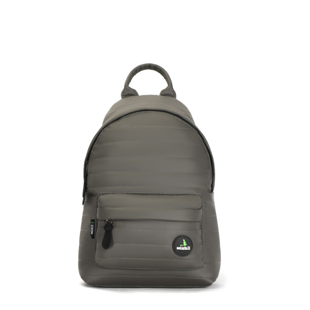 Mueslii original puffer medium and small backpack made of high density nylon and Ykk zips, color matte green, front view.