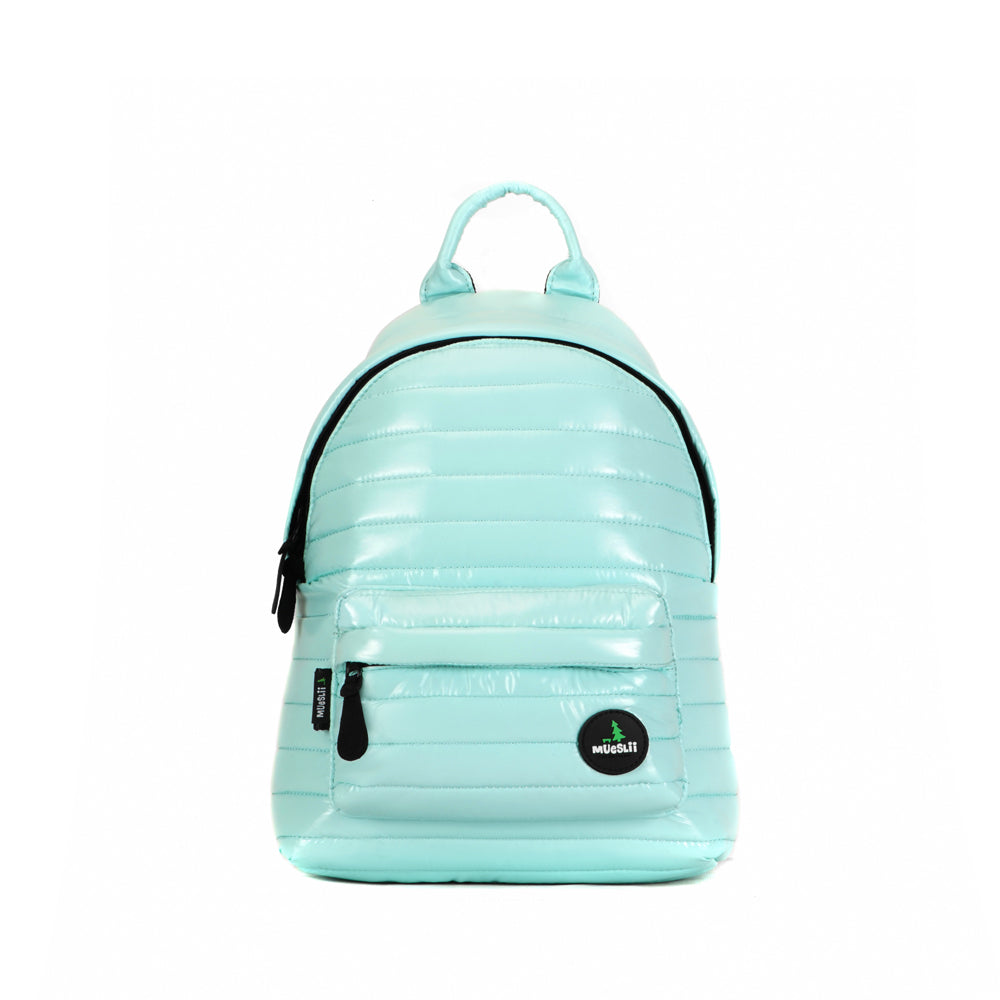 Mueslii original puffer medium and small backpack made of high density nylon and Ykk zips, color light green, front view.