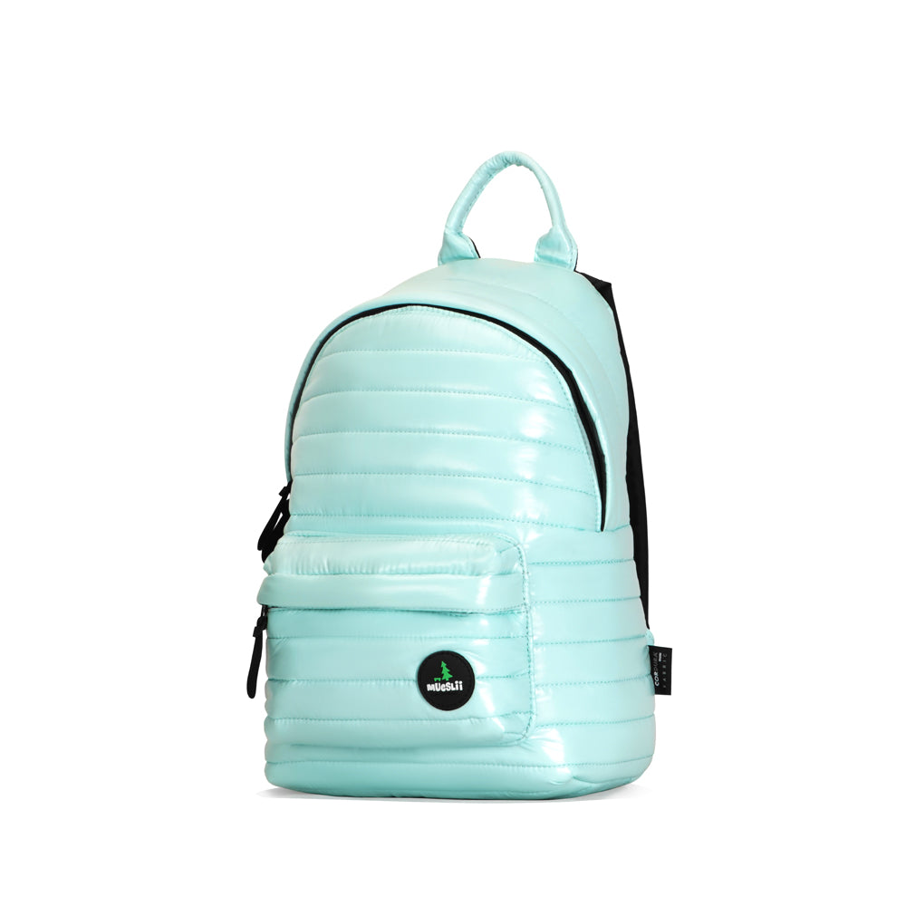 Mueslii original puffer medium and small backpack made of high density nylon and Ykk zips, front pocket, color light green.