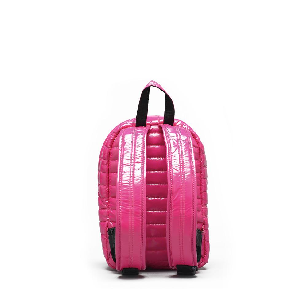 Mueslii original puffer Mini pack made of high density nylon and Ykk zips, color rose, back view.