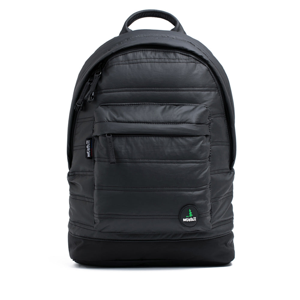 Mueslii original puffer laptop backpack made of high density nylon and Ykk zips, color matte black, front view.