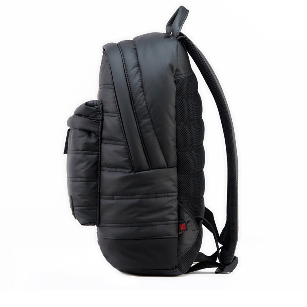 Mueslii original puffer laptop backpack made of high density nylon and Ykk zips, color matte black, side view.
