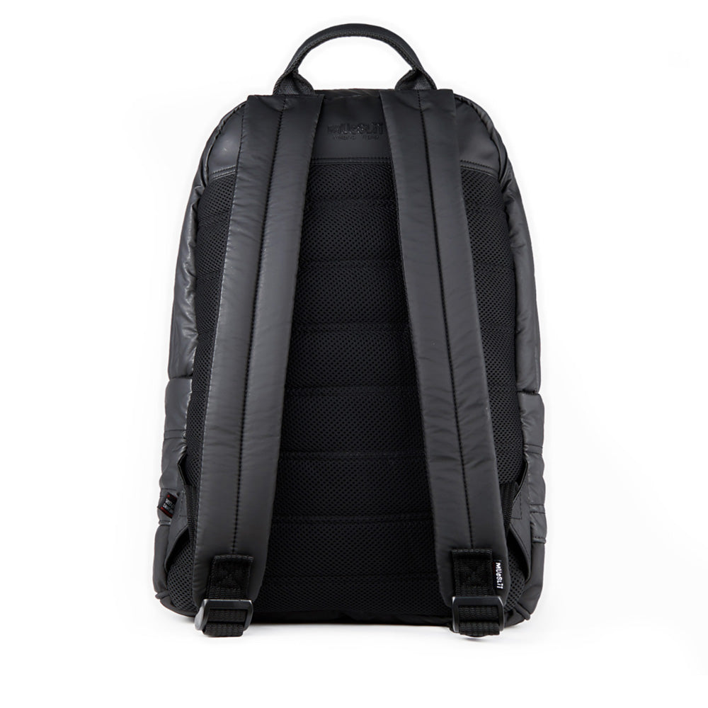 Mueslii original puffer laptop backpack made of high density nylon and Ykk zips, color matte black, back view.