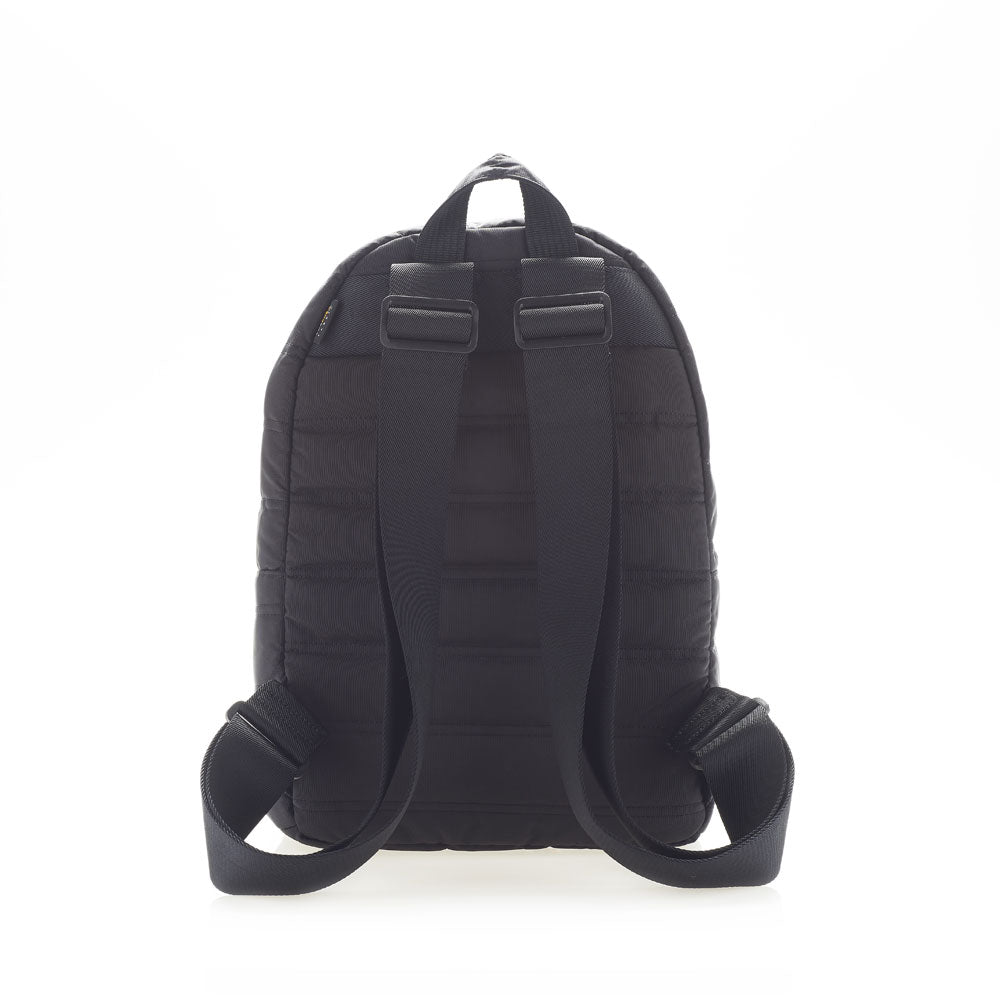 Mueslii original puffer daily backpack made of high density nylon and Ykk zips, color black, back view.