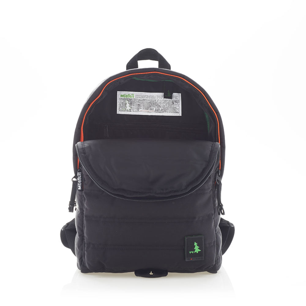 Mueslii original puffer daily backpack made of high density nylon and Ykk zips, color black, inside view.