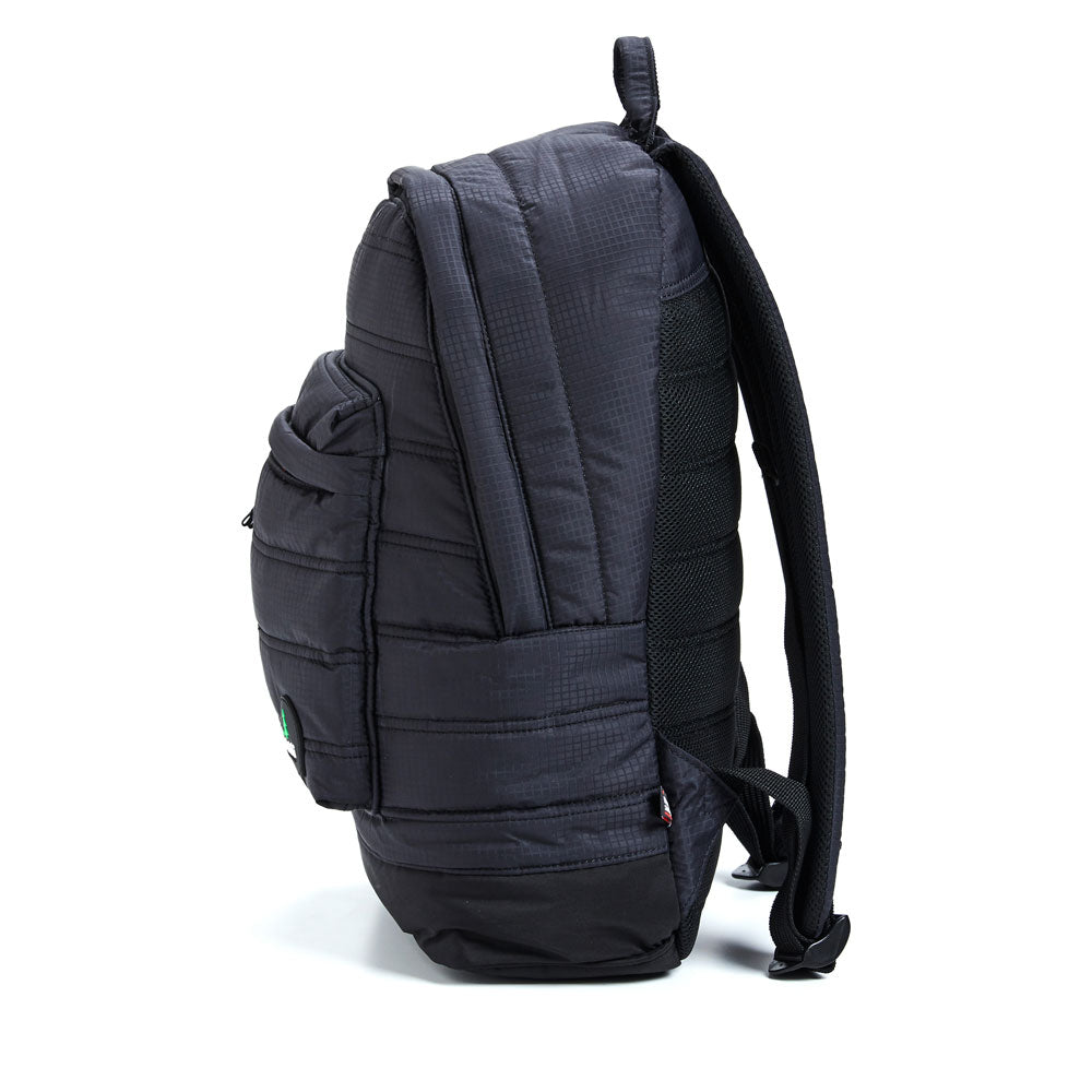 Mueslii original puffer laptop backpack made of high density nylon and Ykk zips, color matte black, side view.