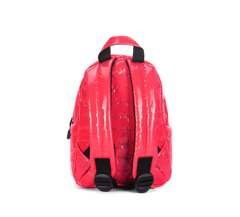 Mueslii original puffer extra small pack made of high density nylon and Ykk zips, color pink red, back view.