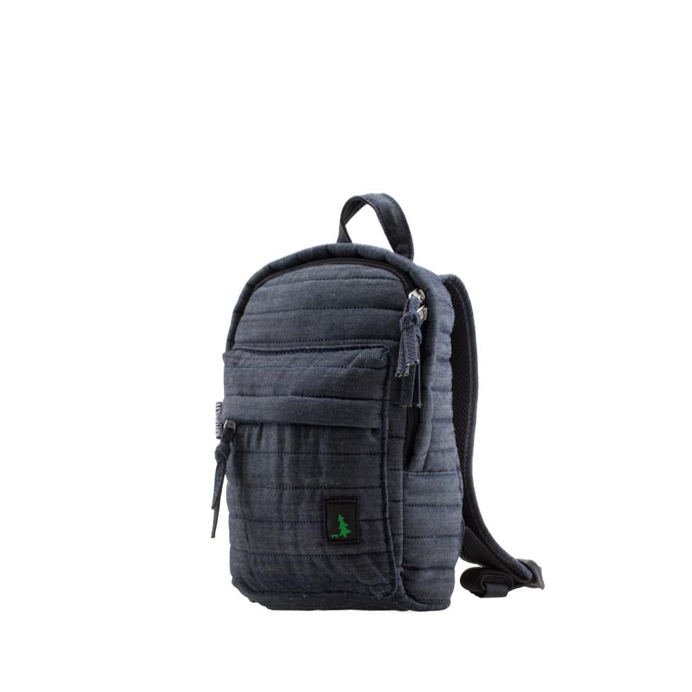 Mueslii original puffer Mini pack made of high density nylon and Ykk zips, color navy denim, color blue, side view.