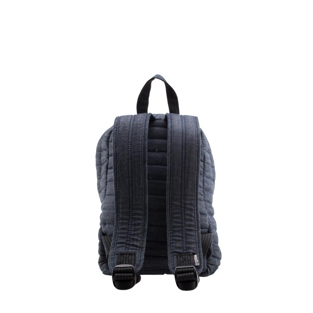 Mueslii original puffer Mini pack made of high density nylon and Ykk zips, color navy denim, back view.