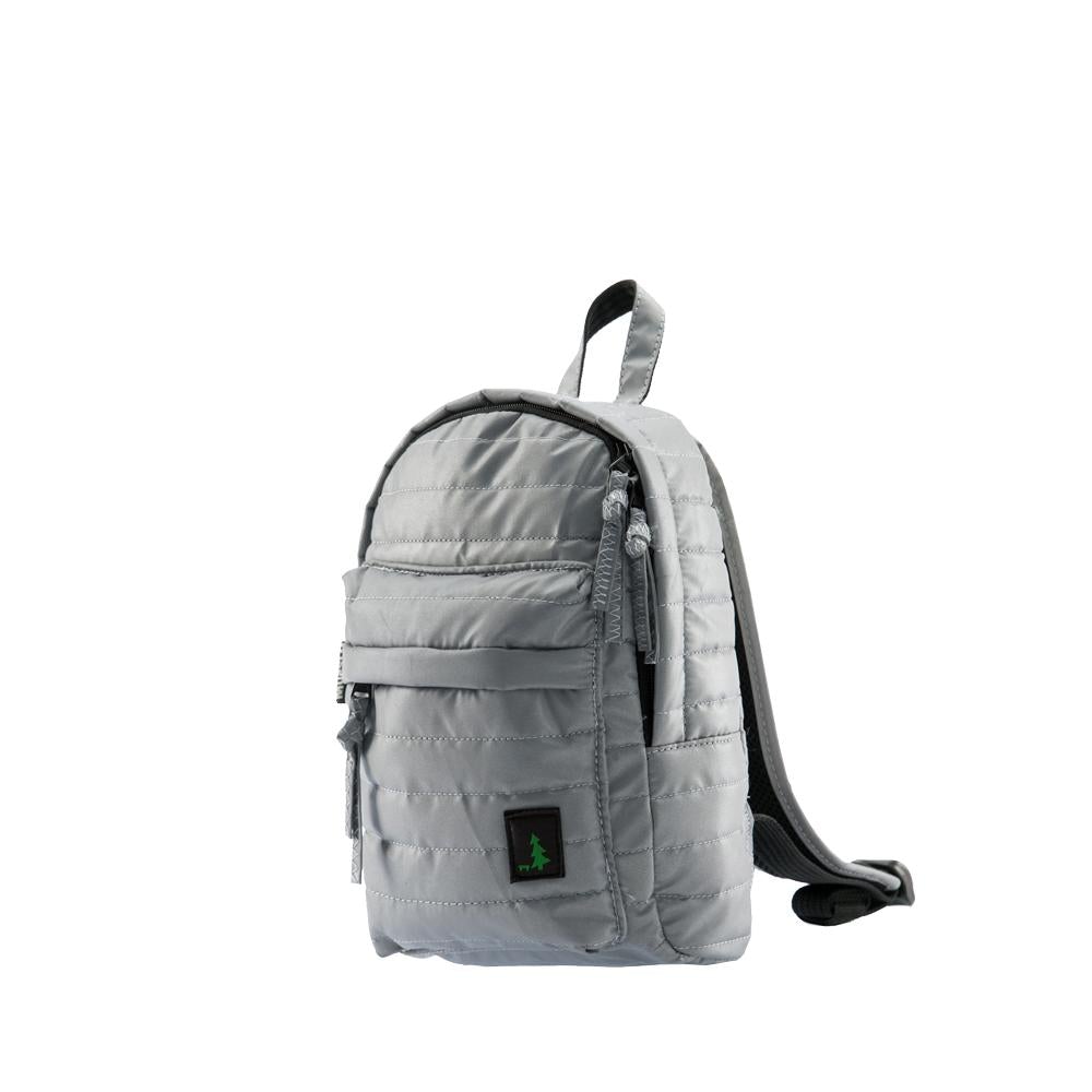 Mueslii original puffer Mini pack made of high density nylon and Ykk zips, color reflective silver, side view.