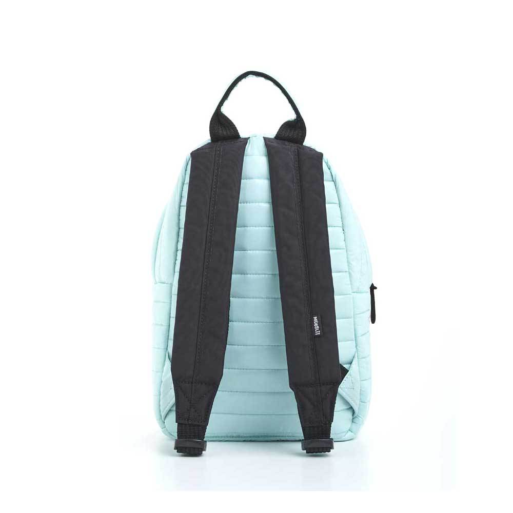 Mueslii original puffer medium and small backpack made of high density nylon and Ykk zips, color light green, back view.