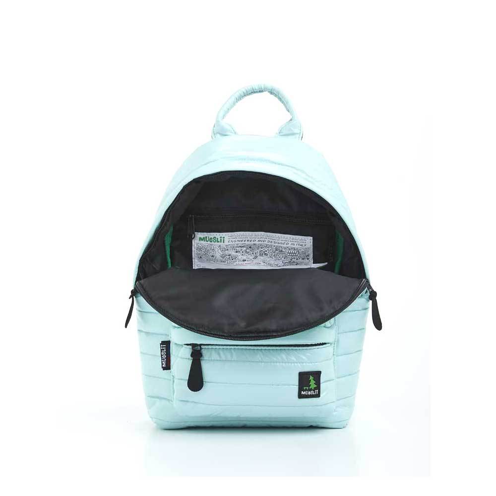 Mueslii original puffer medium and small backpack made of high density nylon and Ykk zips, color light green, inside view.