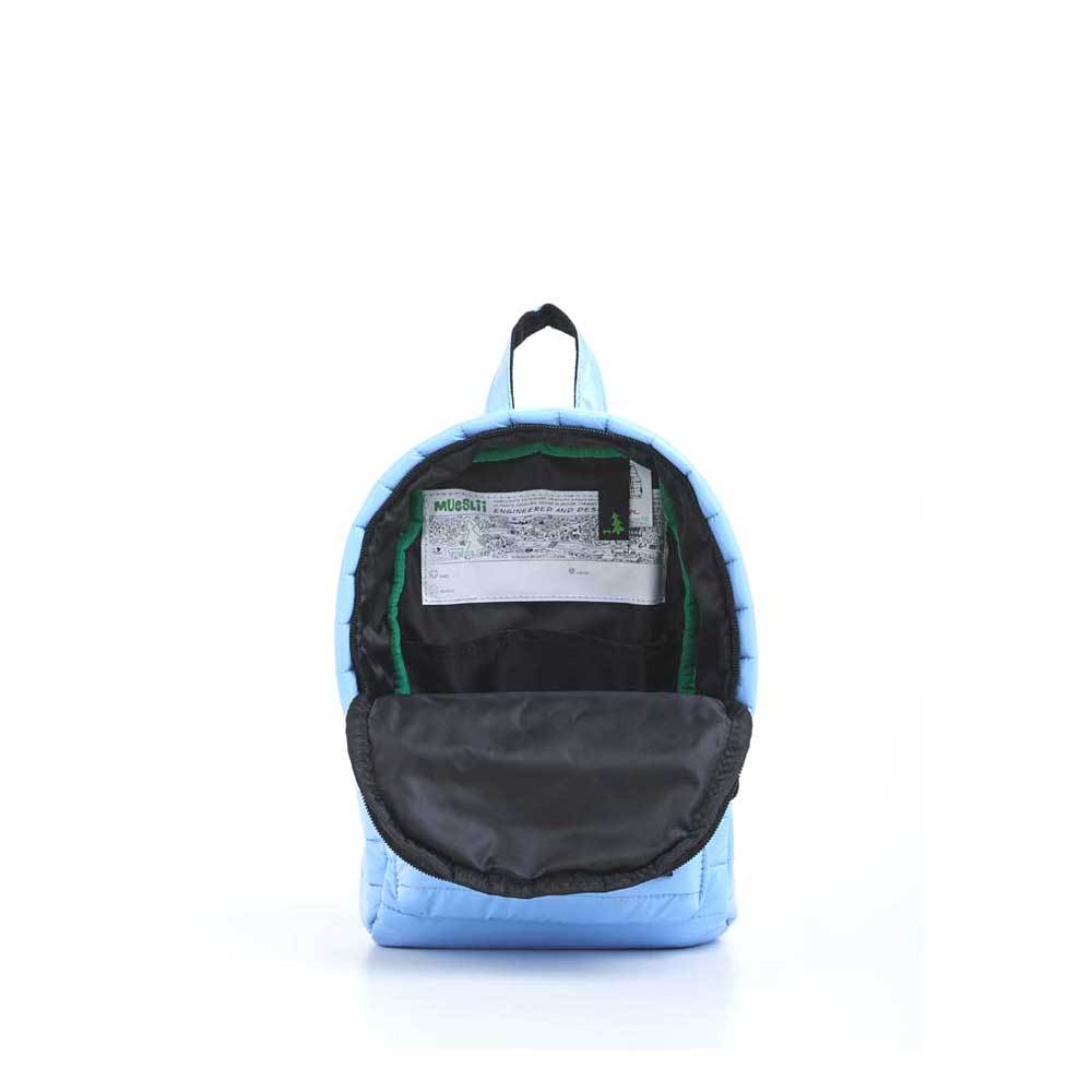 Mueslii original puffer Mini pack made of high density nylon and Ykk zips, color light blue, inside view.