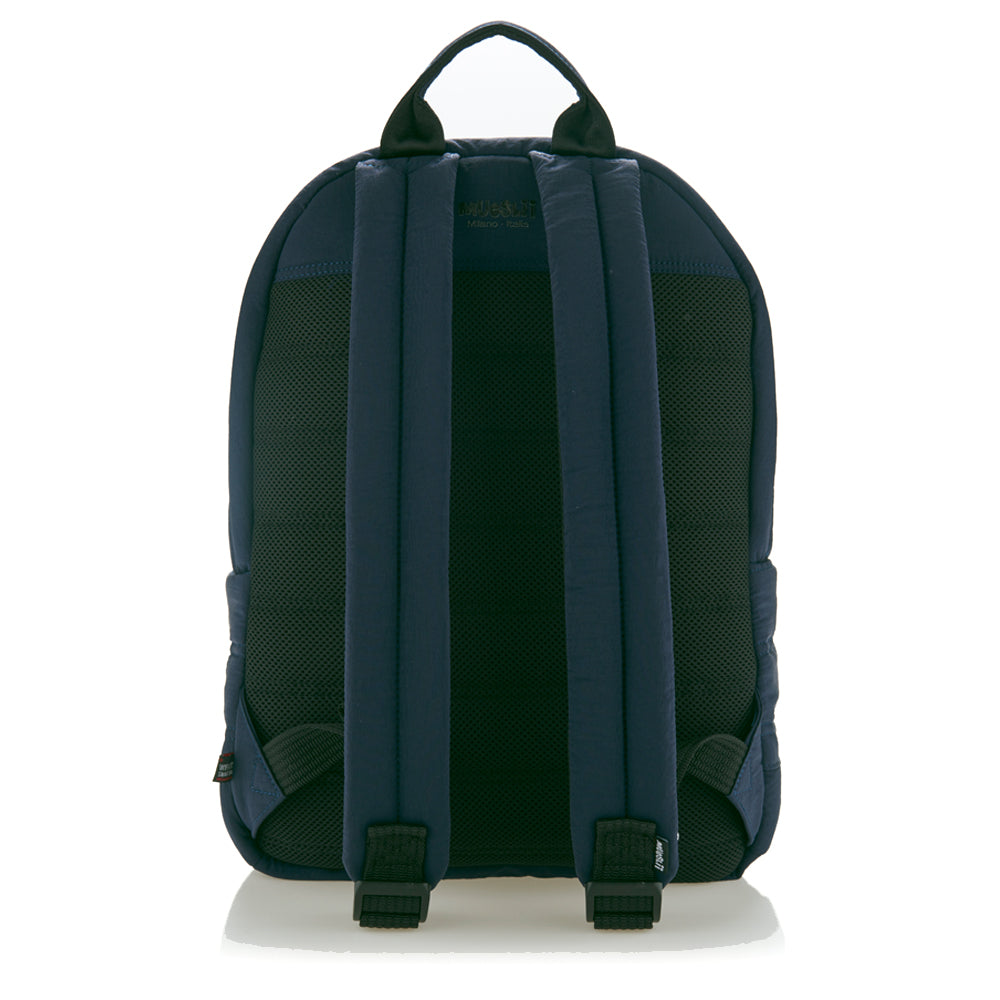 Mueslii original puffer laptop backpack made of high density nylon and Ykk zips, color matte blue, back view.